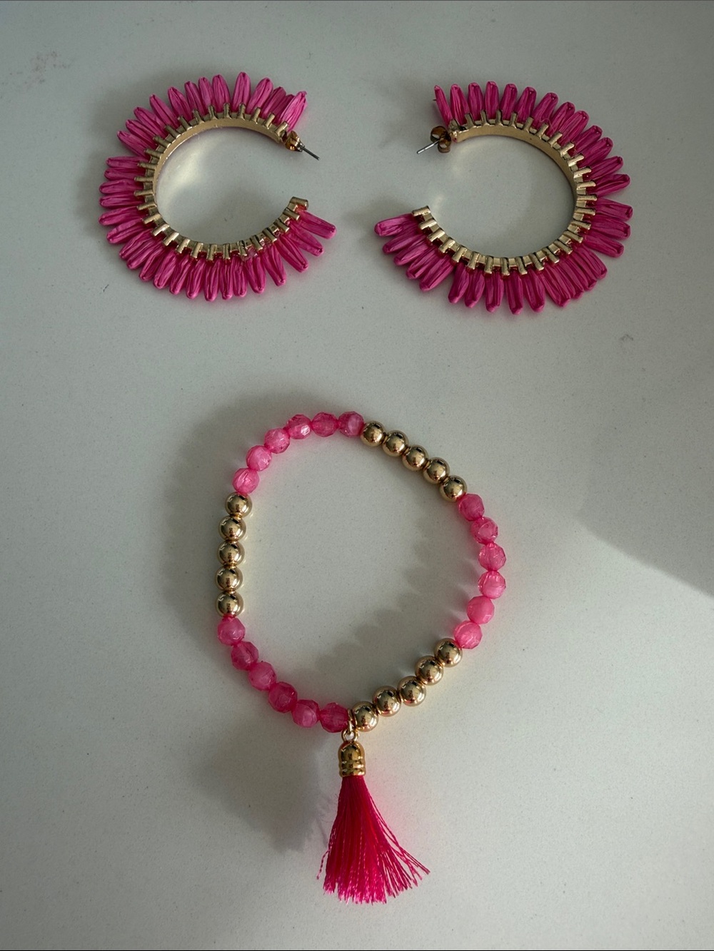 Pink Tassel Beaded Stretch Bracelet and Hoop Earrings Set
